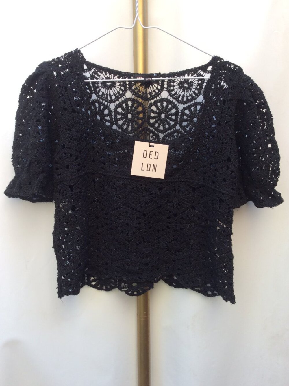 100% Cotton QED London Black Crochet Short Sleeve Top Size S-M